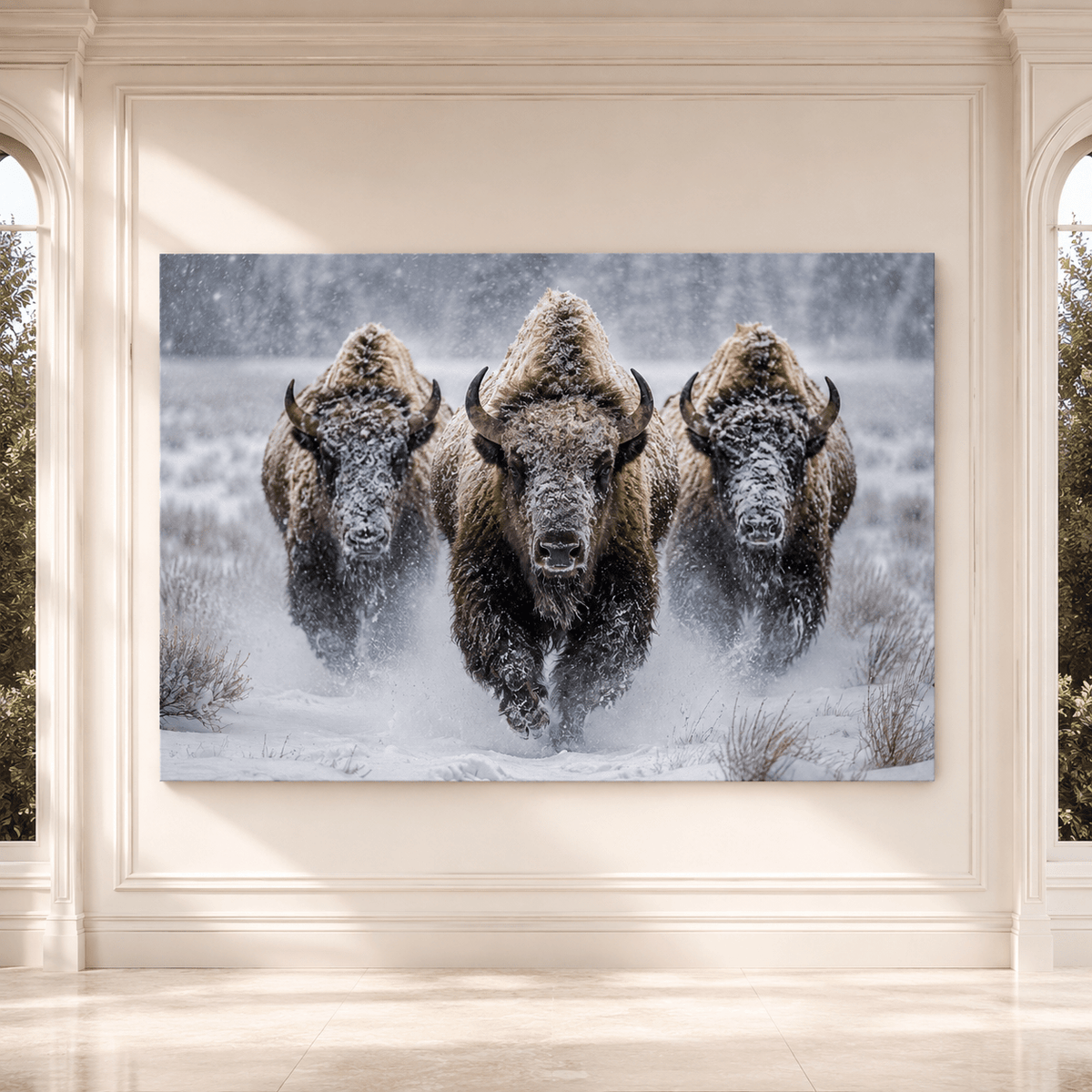 Bison Charging Through Snowstorm Wrapped Canvas Wall Art – Winter Wildlife Photography Print - ART OF ROYALS