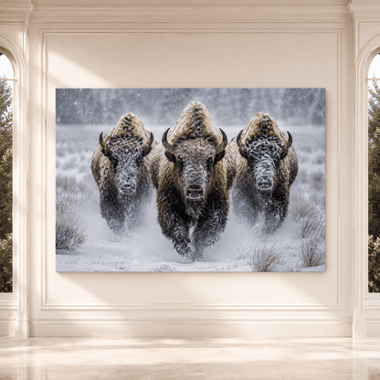 Bison Charging Through Snowstorm Wrapped Canvas Wall Art – Winter Wildlife Photography Print - ART OF ROYALS