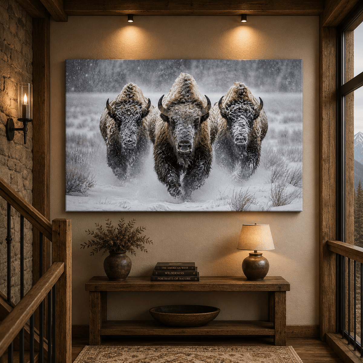 Bison Charging Through Snowstorm Wrapped Canvas Wall Art – Winter Wildlife Photography Print - ART OF ROYALS