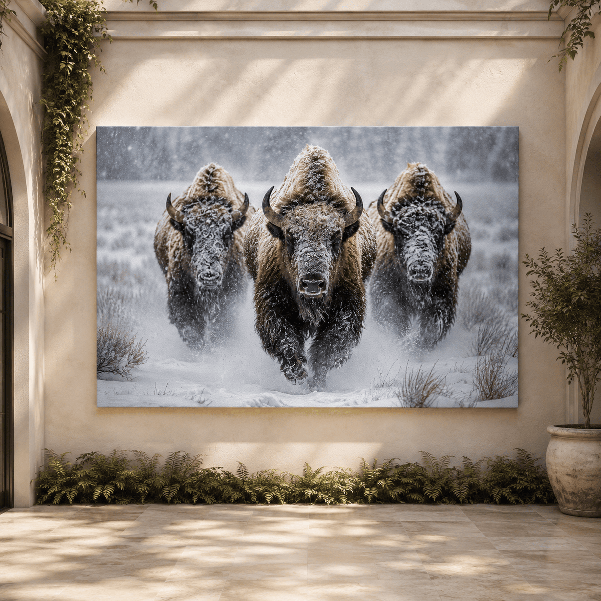 Bison Charging Through Snowstorm Wrapped Canvas Wall Art – Winter Wildlife Photography Print - ART OF ROYALS