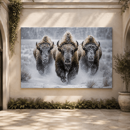 Bison Charging Through Snowstorm Wrapped Canvas Wall Art – Winter Wildlife Photography Print - ART OF ROYALS