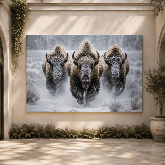 Bison Charging Through Snowstorm Wrapped Canvas Wall Art – Winter Wildlife Photography Print - ART OF ROYALS