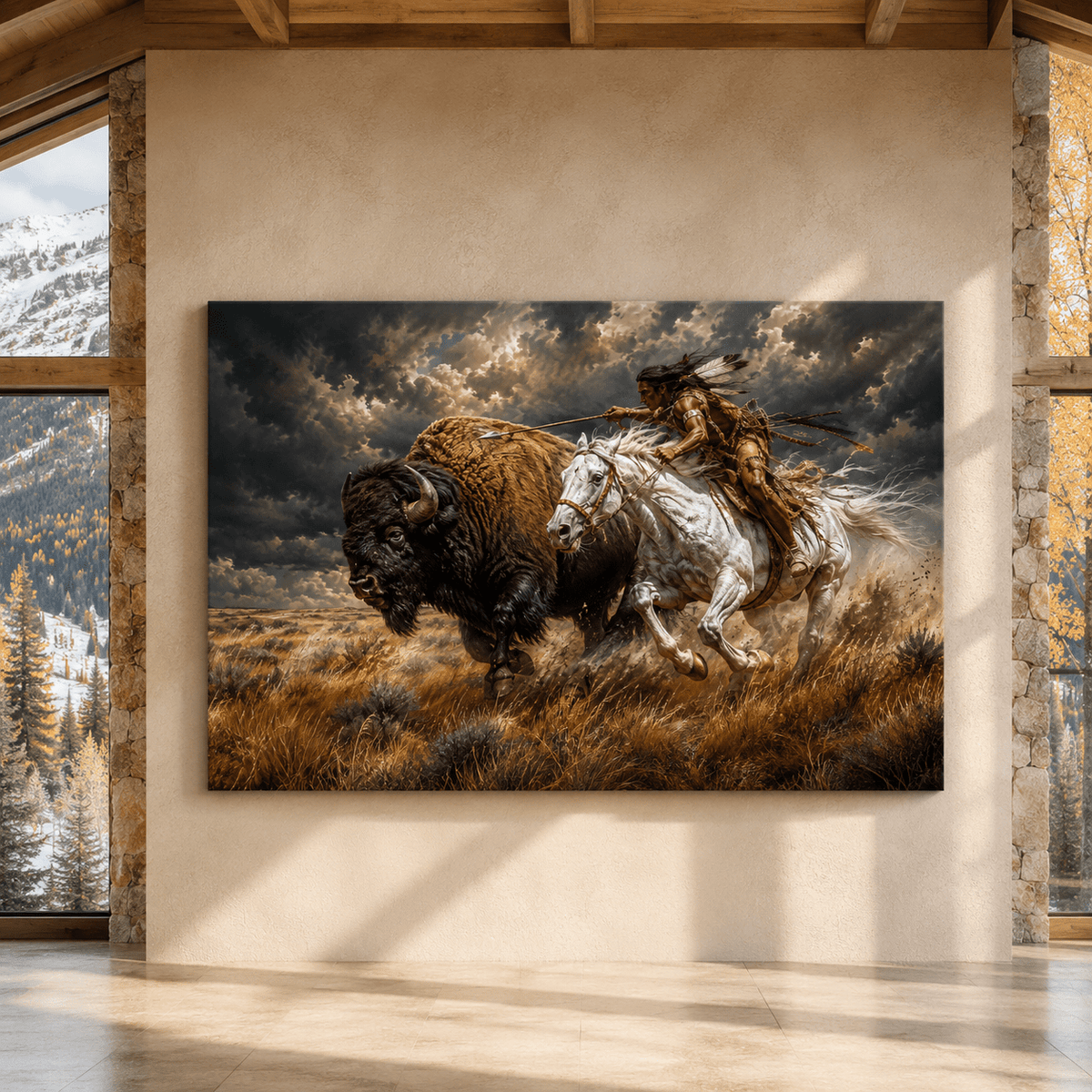 Native American Buffalo Hunt Wrapped Canvas Wall Art – Historic Western Action Painting Print - ART OF ROYALS