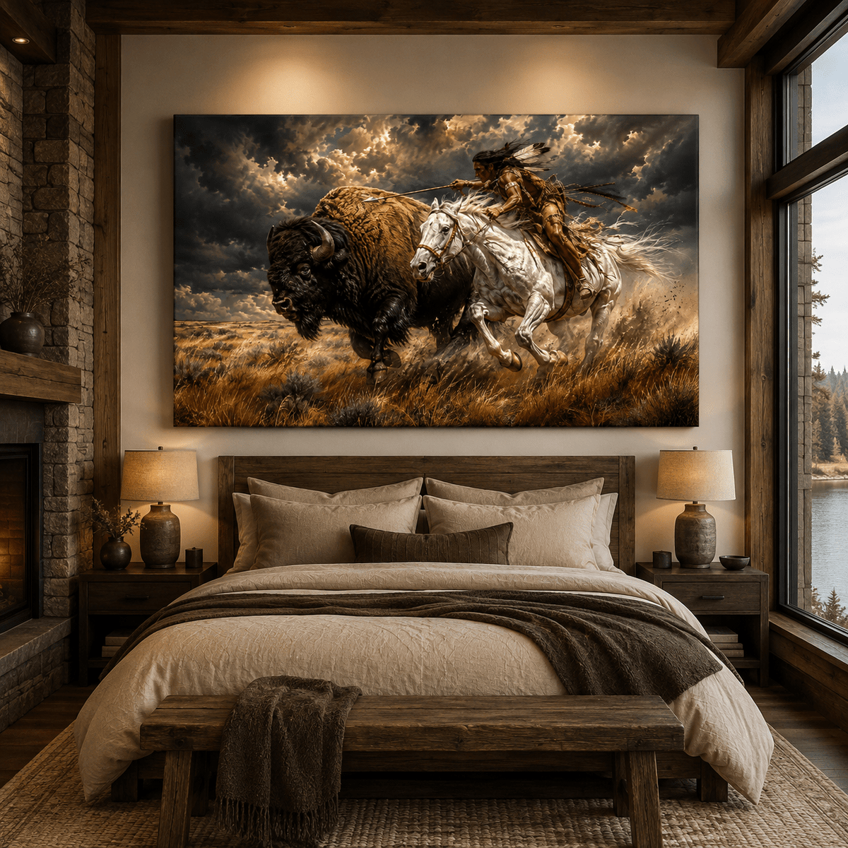 Native American Buffalo Hunt Wrapped Canvas Wall Art – Historic Western Action Painting Print - ART OF ROYALS