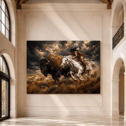 Native American Buffalo Hunt Wrapped Canvas Wall Art – Historic Western Action Painting Print - ART OF ROYALS