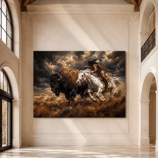 Native American Buffalo Hunt Wrapped Canvas Wall Art – Historic Western Action Painting Print - ART OF ROYALS