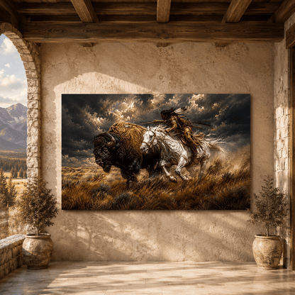 Native American Buffalo Hunt Wrapped Canvas Wall Art – Historic Western Action Painting Print - ART OF ROYALS