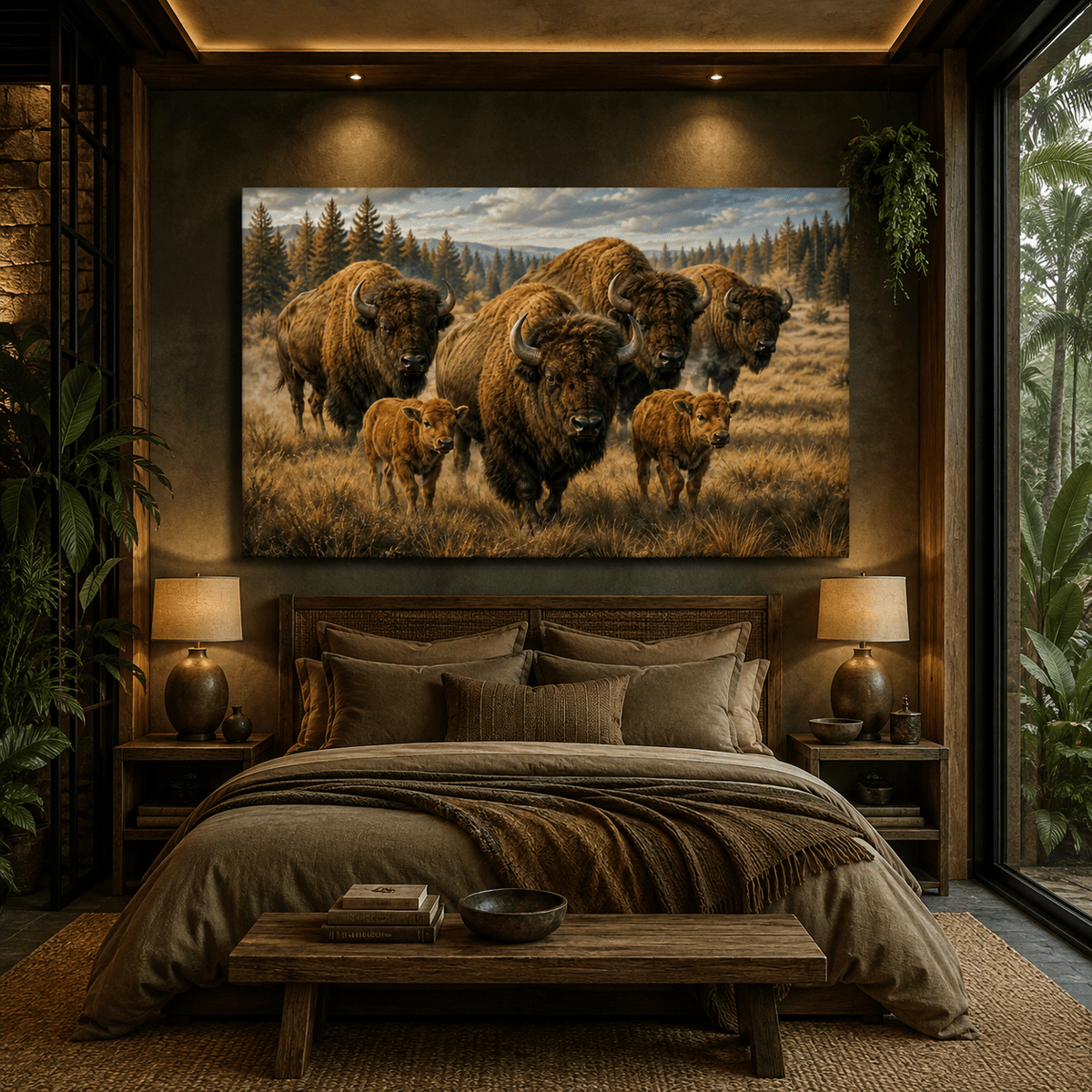 Bison Family with Calves Wrapped Canvas Wall Art – Heartwarming Wildlife Photography Print - ART OF ROYALS
