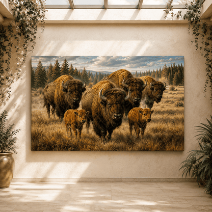 Bison Family with Calves Wrapped Canvas Wall Art – Heartwarming Wildlife Photography Print - ART OF ROYALS