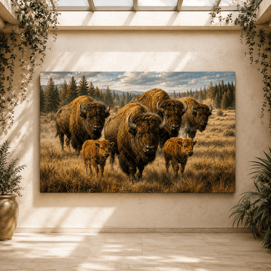 Bison Family with Calves Wrapped Canvas Wall Art – Heartwarming Wildlife Photography Print - ART OF ROYALS