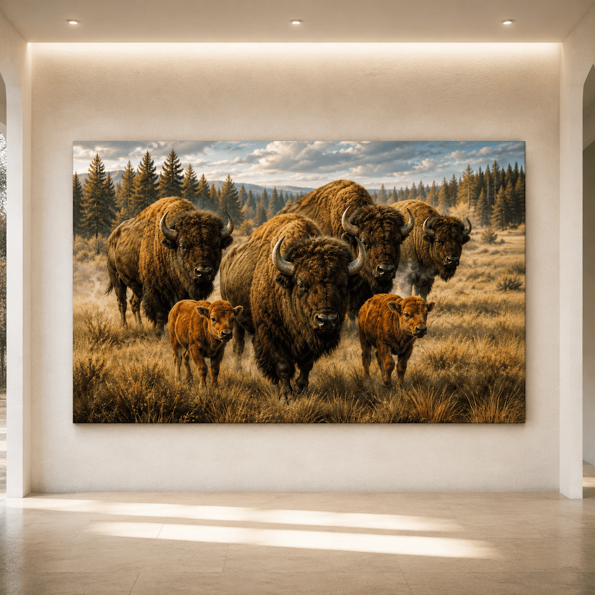 Bison Family with Calves Wrapped Canvas Wall Art – Heartwarming Wildlife Photography Print - ART OF ROYALS