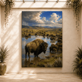 Bison Herd at Watering Hole Wrapped Canvas Wall Art – Epic National Park Landscape Print