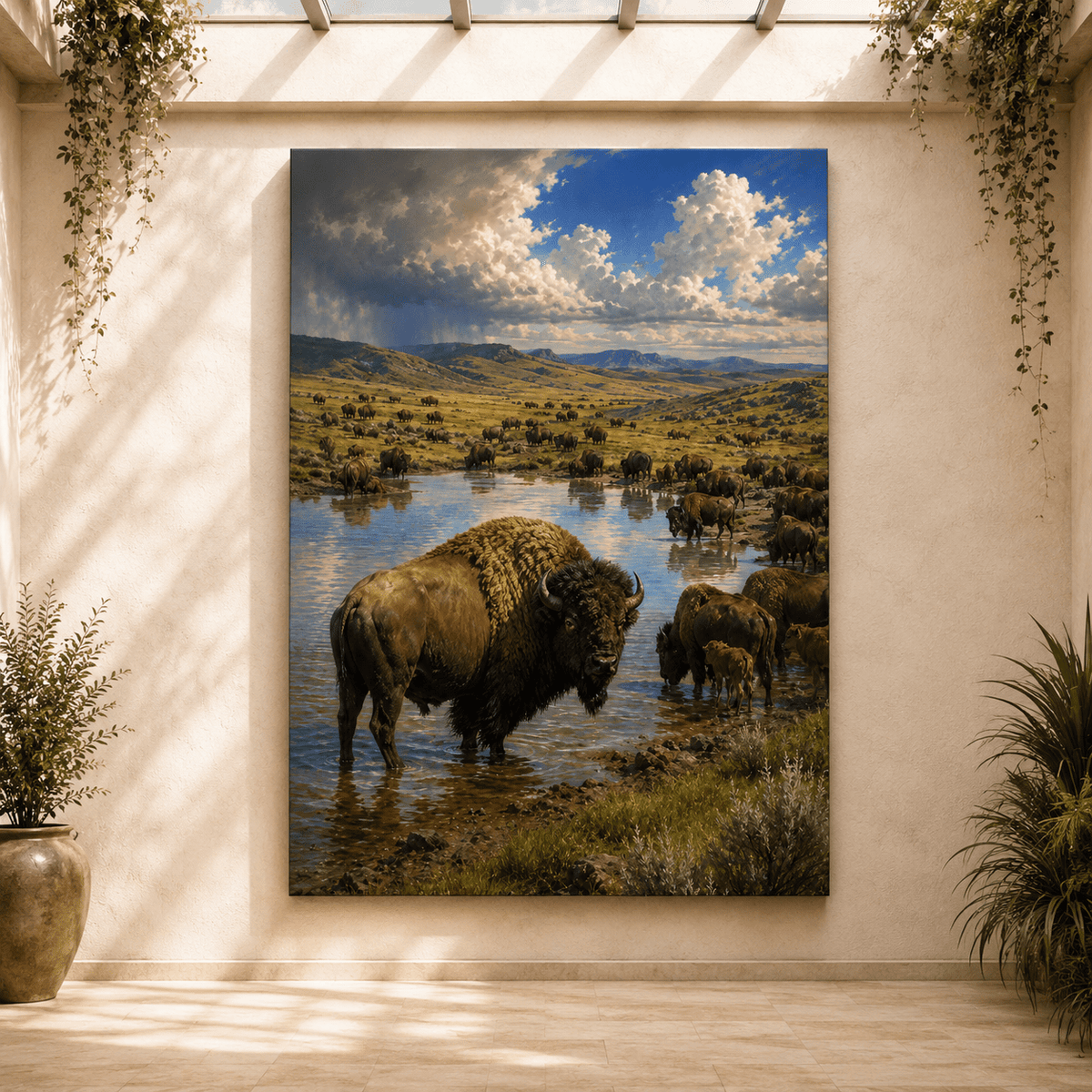 Bison Herd at Watering Hole Wrapped Canvas Wall Art – Epic National Park Landscape Print - ART OF ROYALS