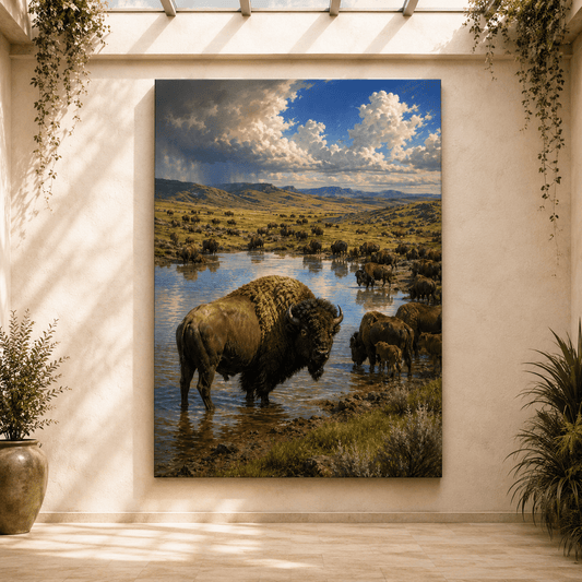 Bison Herd at Watering Hole Wrapped Canvas Wall Art – Epic National Park Landscape Print - ART OF ROYALS