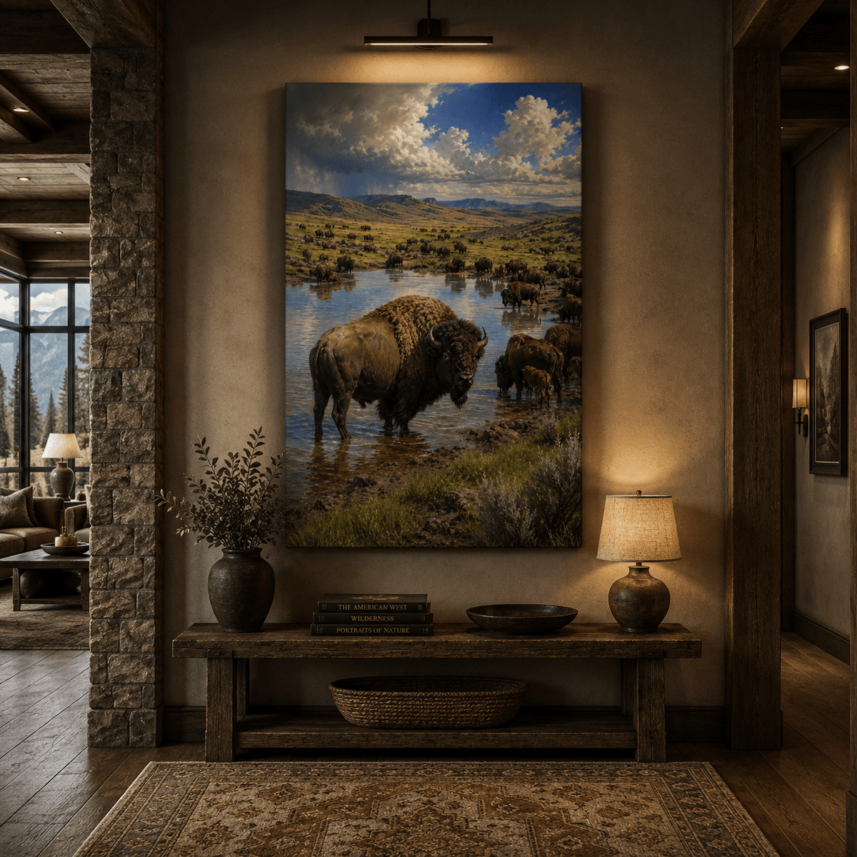 Bison Herd at Watering Hole Wrapped Canvas Wall Art – Epic National Park Landscape Print - ART OF ROYALS