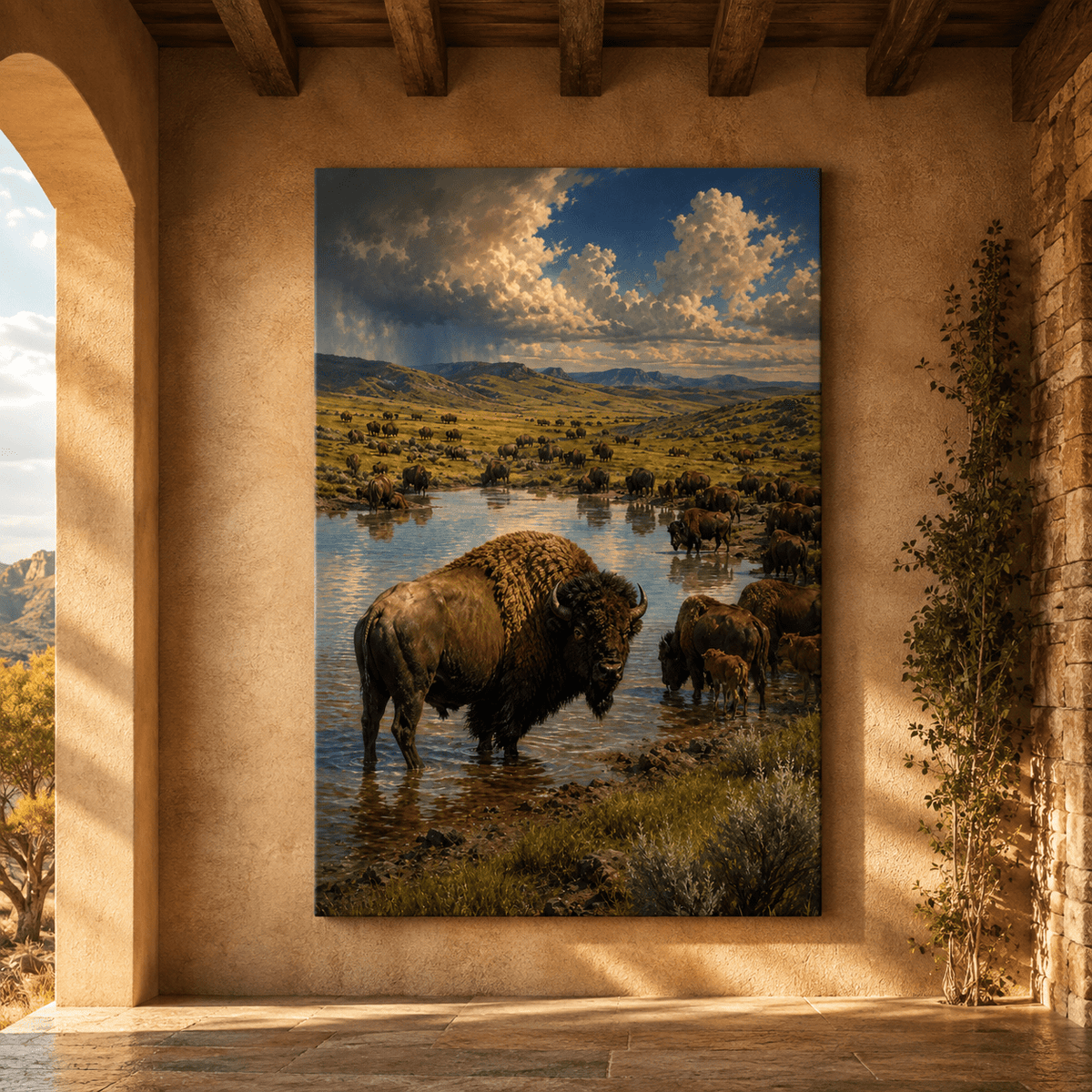 Bison Herd at Watering Hole Wrapped Canvas Wall Art – Epic National Park Landscape Print - ART OF ROYALS