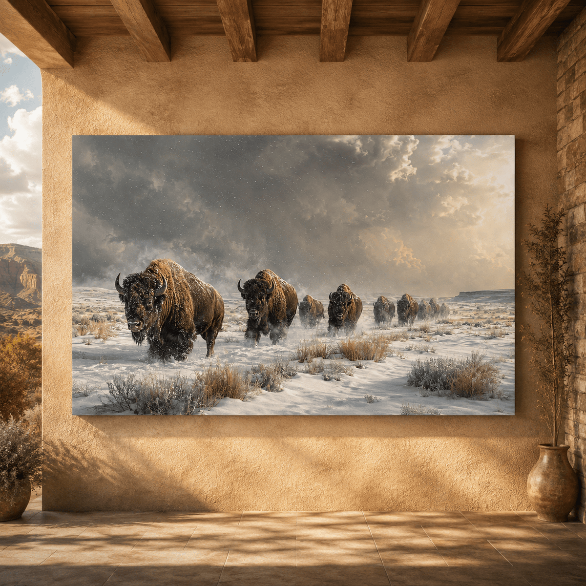 Bison Herd in Winter Storm Wrapped Canvas Wall Art – Snowy Plains Wildlife Photography Print - ART OF ROYALS