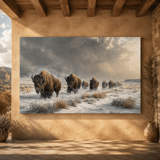 Bison Herd in Winter Storm Wrapped Canvas Wall Art – Snowy Plains Wildlife Photography Print - ART OF ROYALS