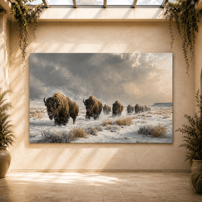 Bison Herd in Winter Storm Wrapped Canvas Wall Art – Snowy Plains Wildlife Photography Print - ART OF ROYALS