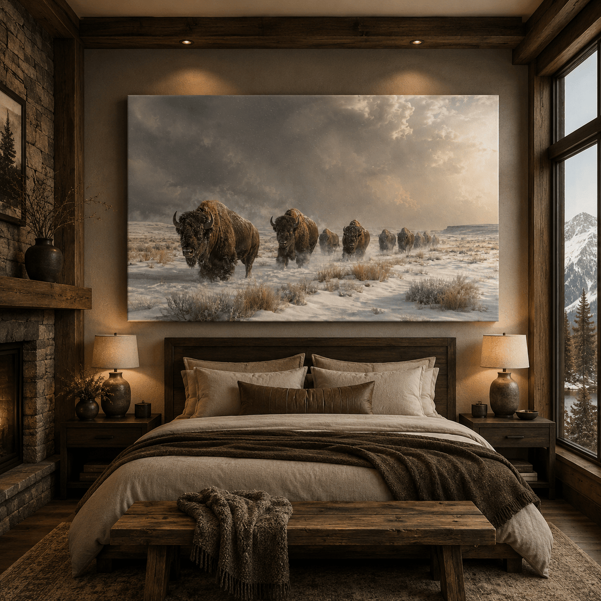Bison Herd in Winter Storm Wrapped Canvas Wall Art – Snowy Plains Wildlife Photography Print - ART OF ROYALS