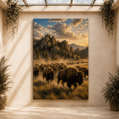 Bison Herd Migration Wrapped Canvas Wall Art – Epic Golden Hour Wildlife Print - ART OF ROYALS