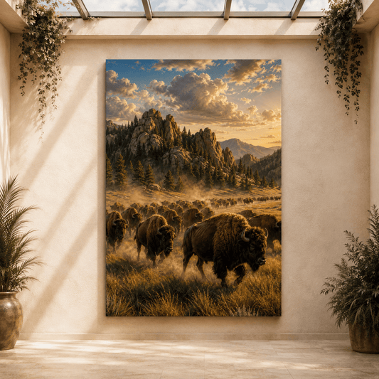 Bison Herd Migration Wrapped Canvas Wall Art – Epic Golden Hour Wildlife Print - ART OF ROYALS