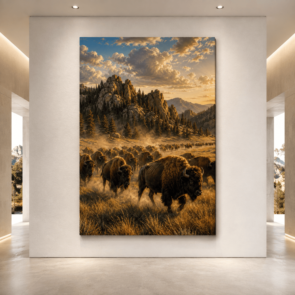Bison Herd Migration Wrapped Canvas Wall Art – Epic Golden Hour Wildlife Print - ART OF ROYALS