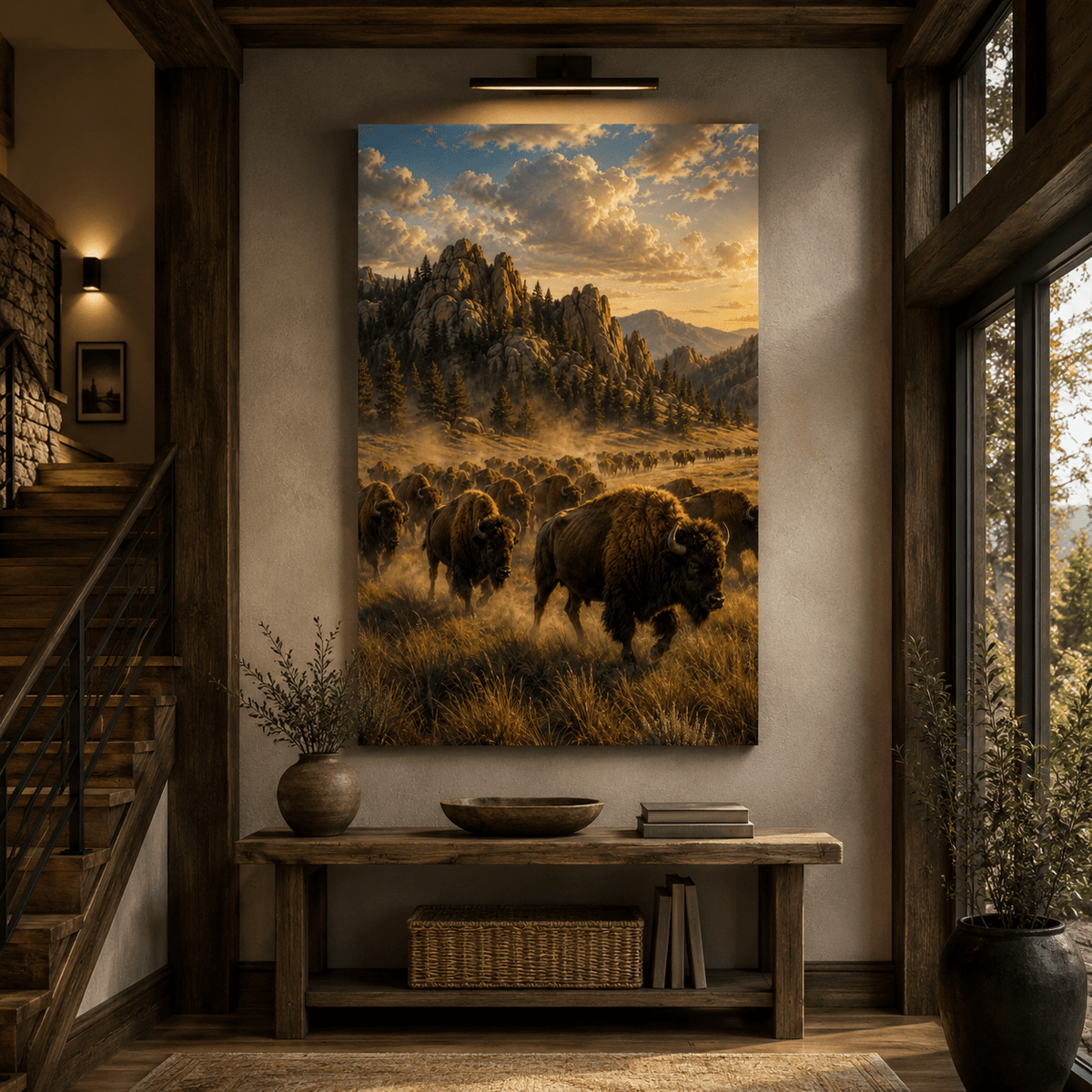 Bison Herd Migration Wrapped Canvas Wall Art – Epic Golden Hour Wildlife Print - ART OF ROYALS