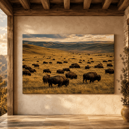 Vast Bison Herd on Rolling Plains Wrapped Canvas Wall Art – Epic Prairie Wildlife Print - ART OF ROYALS