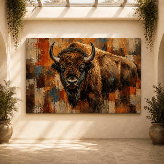 Abstract Bison Portrait Wrapped Canvas Wall Art – Bold Impasto Mosaic Painting Print - ART OF ROYALS
