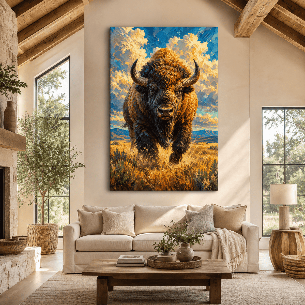 Charging Bison Impasto Wrapped Canvas Wall Art – Bold Painterly Wildlife Print - ART OF ROYALS
