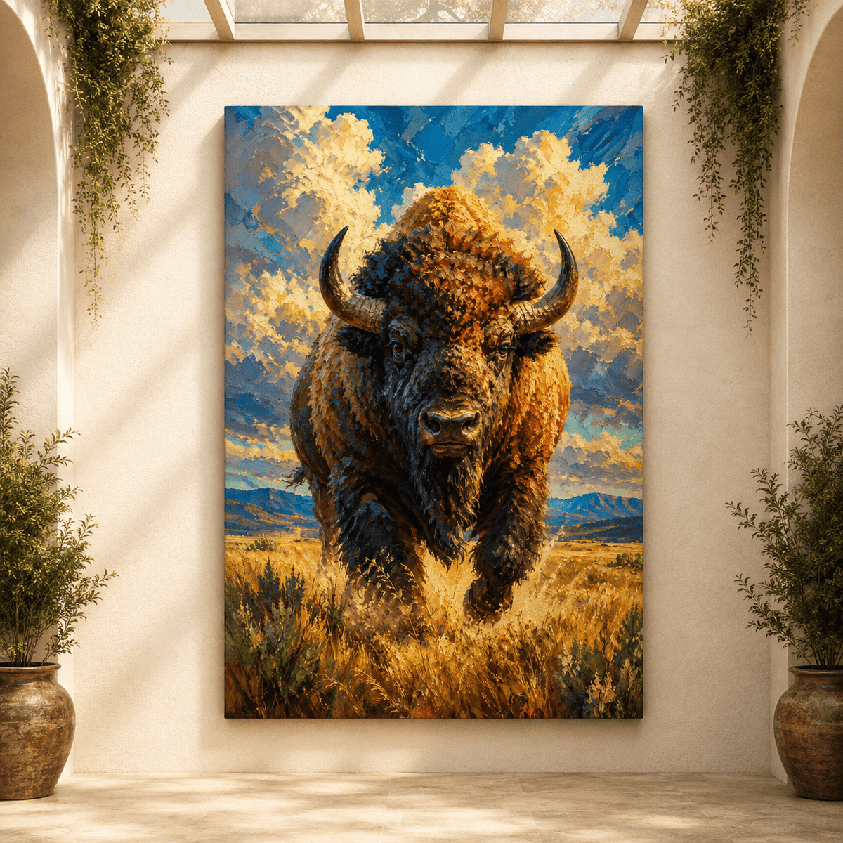 Charging Bison Impasto Wrapped Canvas Wall Art – Bold Painterly Wildlife Print - ART OF ROYALS