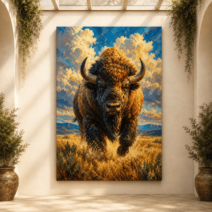 Charging Bison Impasto Wrapped Canvas Wall Art – Bold Painterly Wildlife Print - ART OF ROYALS
