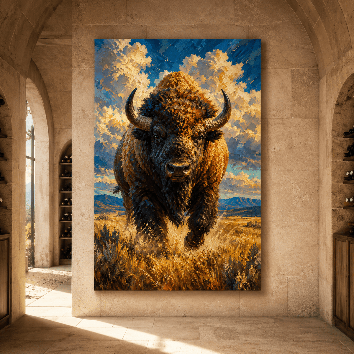 Charging Bison Impasto Wrapped Canvas Wall Art – Bold Painterly Wildlife Print - ART OF ROYALS