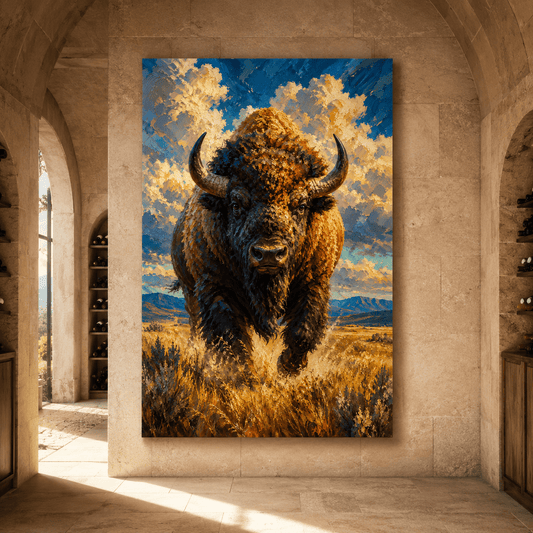 Charging Bison Impasto Wrapped Canvas Wall Art – Bold Painterly Wildlife Print - ART OF ROYALS