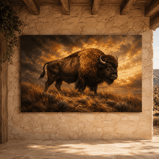 Bison at Fiery Sunset Wrapped Canvas Wall Art – Classical Fine Art Oil Painting Print - ART OF ROYALS