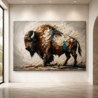 Textured Impasto Bison Wrapped Canvas Wall Art – Modern Sculptural Wildlife Painting Print - ART OF ROYALS