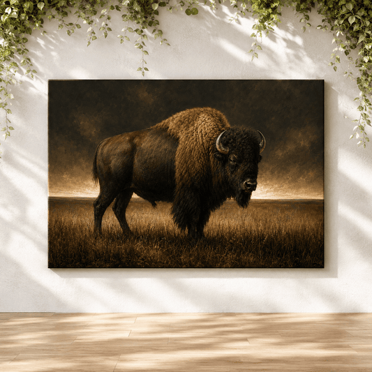 Bison in Dramatic Light Wrapped Canvas Wall Art – Moody Fine Art Portrait Print - ART OF ROYALS