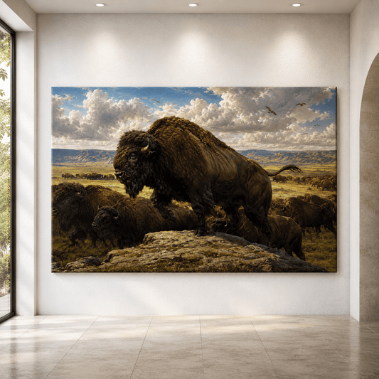 Bison Overlooking Herd Wrapped Canvas Wall Art – Majestic Classical Wildlife Painting Print - ART OF ROYALS