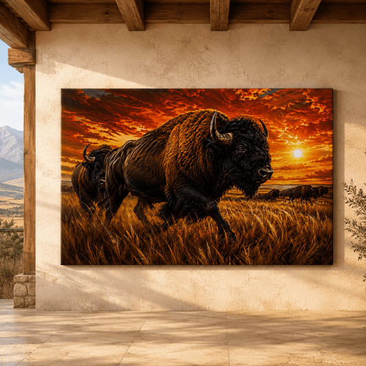 Bison Running at Fiery Sunset Wrapped Canvas Wall Art – Dramatic Action Wildlife Print - ART OF ROYALS