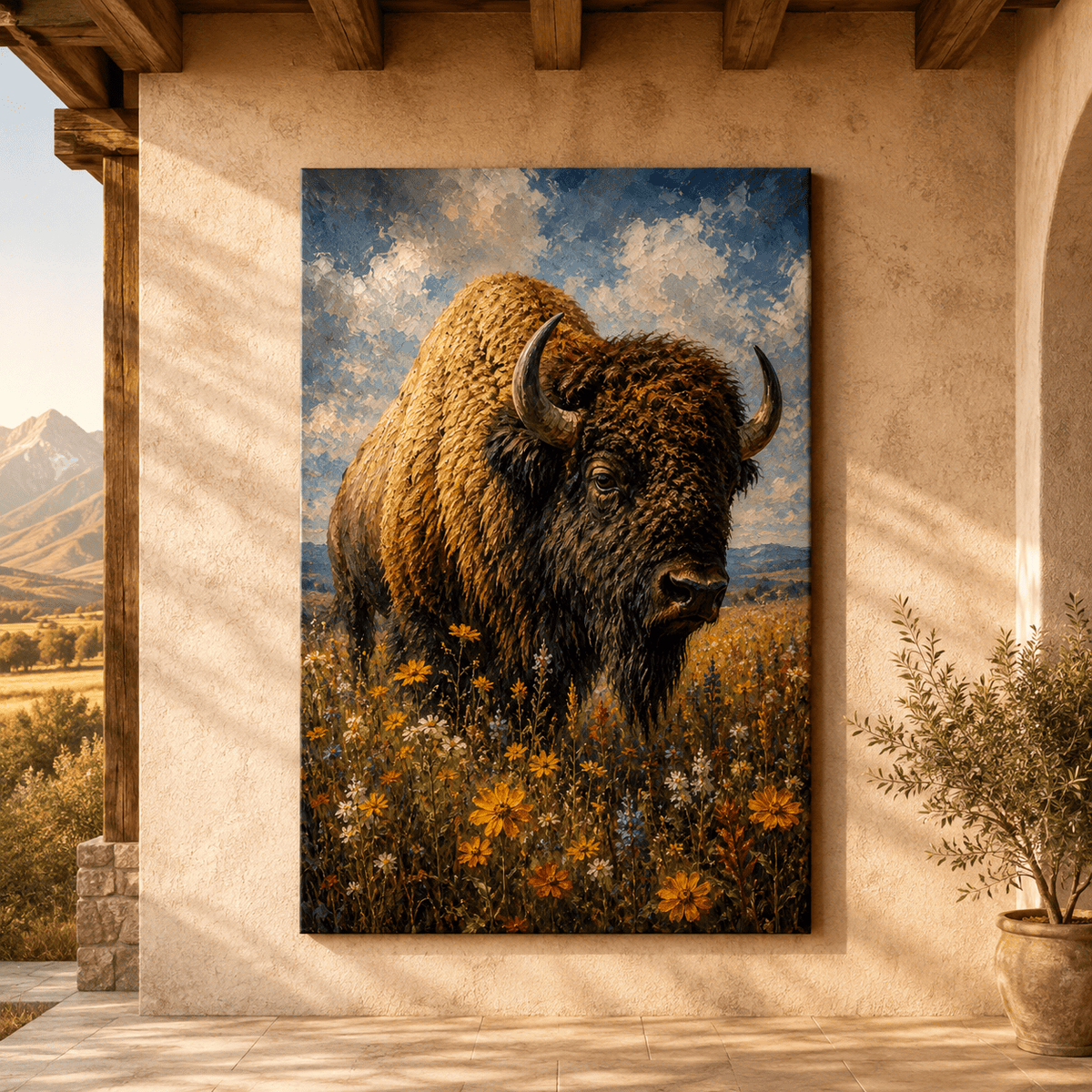 Impressionist Bison in Wildflowers Wrapped Canvas Wall Art – Peaceful Meadow Oil Painting Print - ART OF ROYALS