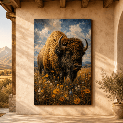 Impressionist Bison in Wildflowers Wrapped Canvas Wall Art – Peaceful Meadow Oil Painting Print - ART OF ROYALS