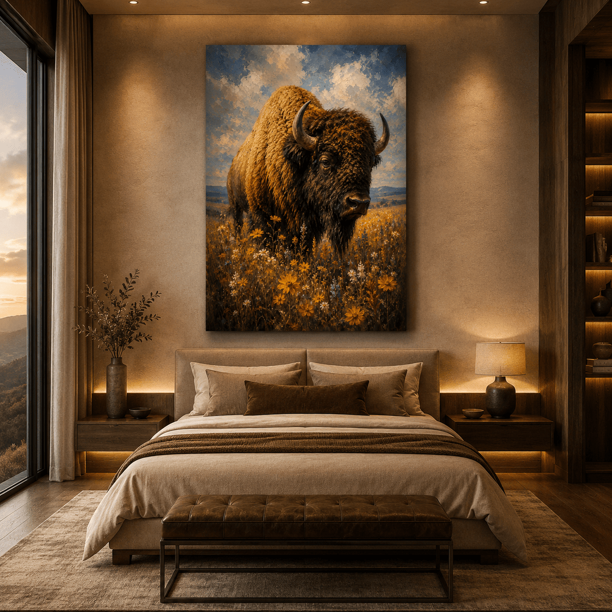 Impressionist Bison in Wildflowers Wrapped Canvas Wall Art – Peaceful Meadow Oil Painting Print - ART OF ROYALS