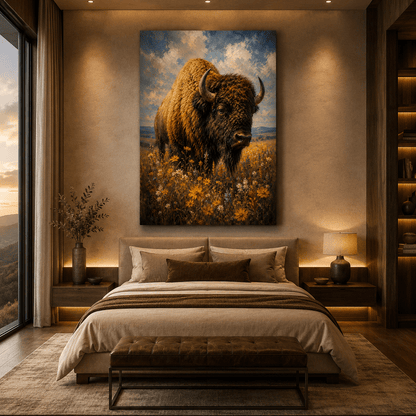 Impressionist Bison in Wildflowers Wrapped Canvas Wall Art – Peaceful Meadow Oil Painting Print - ART OF ROYALS
