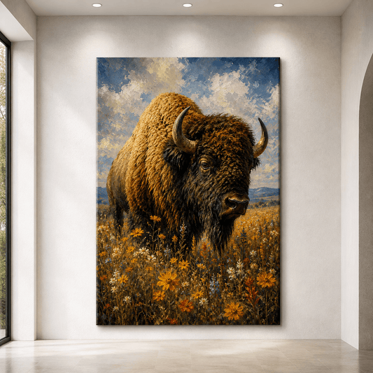 Impressionist Bison in Wildflowers Wrapped Canvas Wall Art – Peaceful Meadow Oil Painting Print - ART OF ROYALS
