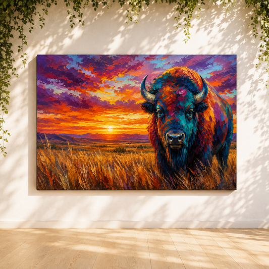 Vivid Rainbow Bison Wrapped Canvas Wall Art – Bold Psychedelic Sunset Painting Print - ART OF ROYALS