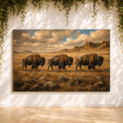 Bison Trio Crossing the Plains Wrapped Canvas Wall Art – Classical Western Landscape Print - ART OF ROYALS