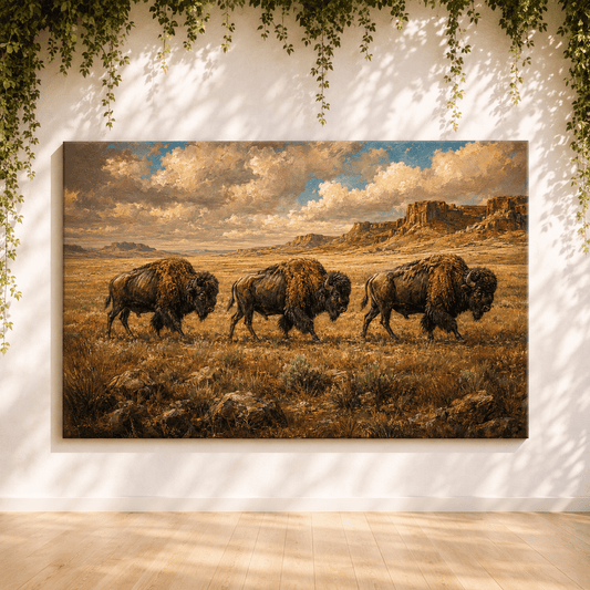 Bison Trio Crossing the Plains Wrapped Canvas Wall Art – Classical Western Landscape Print - ART OF ROYALS
