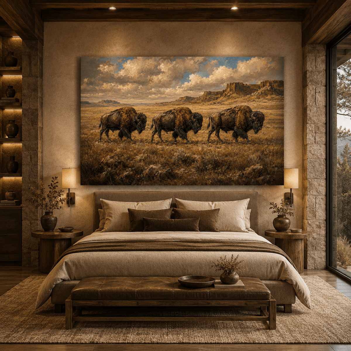 Bison Trio Crossing the Plains Wrapped Canvas Wall Art – Classical Western Landscape Print - ART OF ROYALS