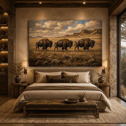 Bison Trio Crossing the Plains Wrapped Canvas Wall Art – Classical Western Landscape Print - ART OF ROYALS